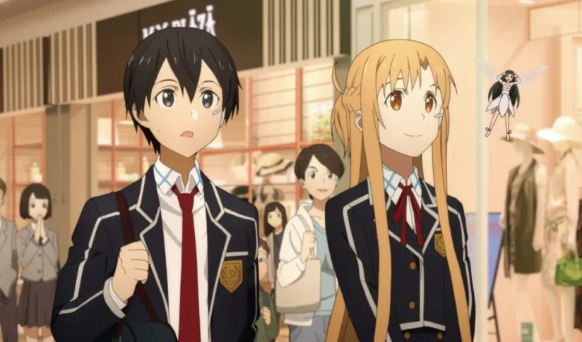 Kirito and Asuna in front of the plaza shop in the mall