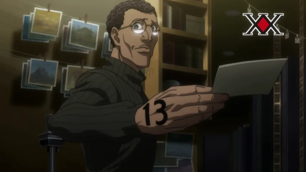 Hunter x Hunter character holding a numbered card in a room with photographs