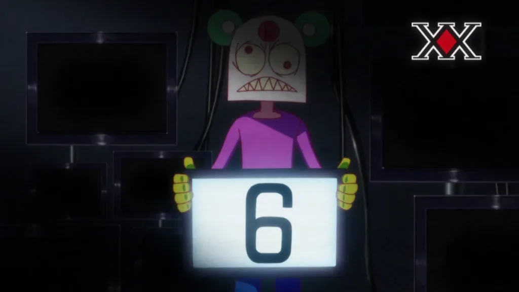 Hunter x Hunter character holding a numbered card in front of computer screens