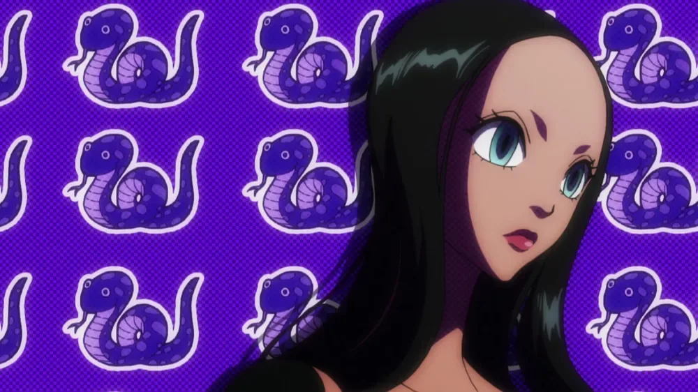 Hunter x Hunter woman in front of a snake-patterned background